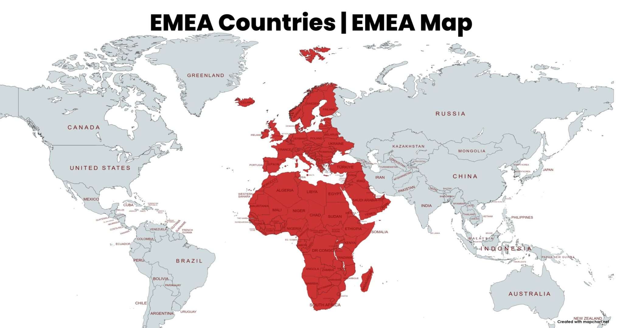 EMEA countries map showing Europe, Middle East, and Africa